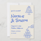 Retro Blue Hand Drawn Champagne Tower Cake Wedding Save The Date (Vorderseite)