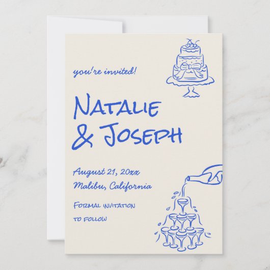 Retro Blue Hand Drawn Champagne Tower Cake Wedding Save The Date (Vorderseite)
