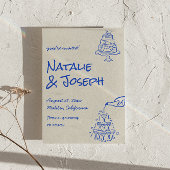 Retro Blue Hand Drawn Champagne Tower Cake Wedding Save The Date