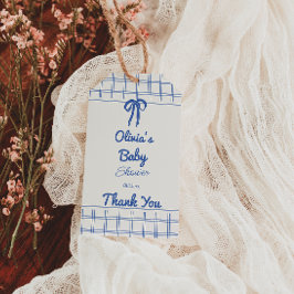 Retro Blue Hand Drawn Gingham Bow Baby Boy Geschenkanhänger