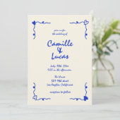 Retro Blue Handgeschriebene Whimsical Wedding Einladung (Stehend Vorderseite)
