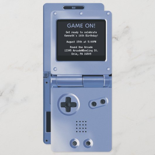 Retro Blue Handheld Gaming Birthday Invitation Einladung (Vorne/Hinten)