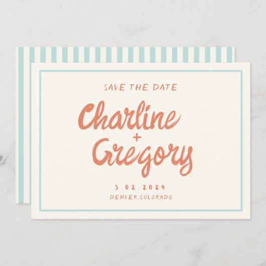 Retro Blue Handwriting Wedding Save the Date Einladung (Vorne/Hinten)