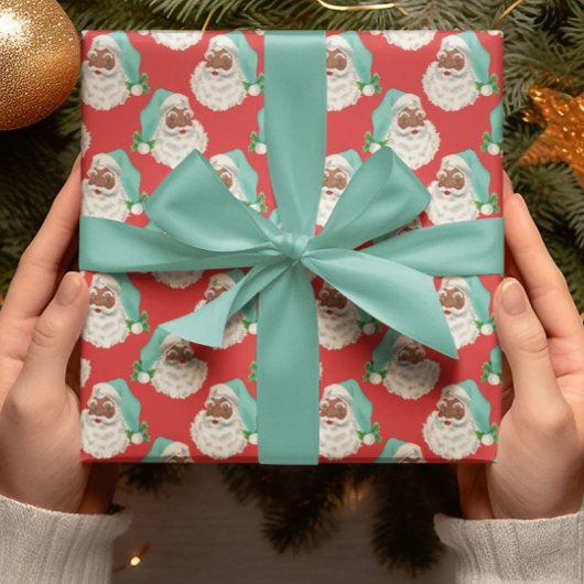 Retro Blue Hat Black Santa Red Xmas Wrapping Paper Geschenkpapier