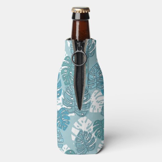 Retro Blue Hawaiian Monstera Leaf Monogram Flaschenkühler (Flasche Rückseite)