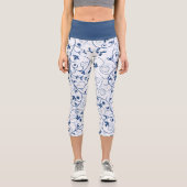 Retro Blue Leaf Swirl Muster Capri Leggings (Vorderseite)