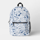 Retro Blue Leaf Swirl Muster Monogramm Bedruckter Rucksack (Vorderseite)