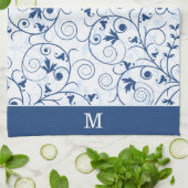 Retro Blue Leaf Swirl Muster Monogramm Geschirrtuch (Gefaltet)