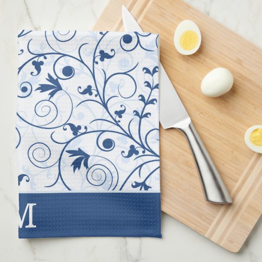 Retro Blue Leaf Swirl Muster Monogramm Geschirrtuch (Viertel Falte)