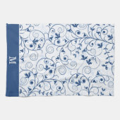 Retro Blue Leaf Swirl Muster Monogramm Geschirrtuch (Horizontal)