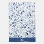 Retro Blue Leaf Swirl Muster Monogramm Geschirrtuch (Vertikal)