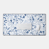 Retro Blue Leaf Swirl Muster Monogramm Schreibtischunterlage (Tastatur & Maus)