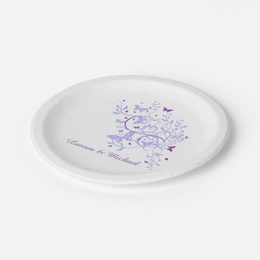 Retro Blue Lila Butterfly Swirl Hochzeit Pappteller (Schrägansicht)