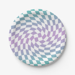 Retro Blue Lilac Karos Warped Checkerboard Pappteller