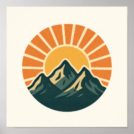 Retro Blue Mountain Sunrise Outdoor Nature Sun Art Poster
