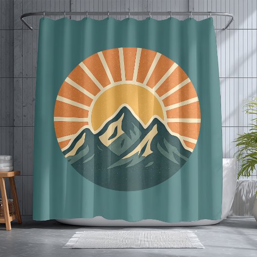 Retro Blue Mountain Sunrise | Outdoor Nature Teal Duschvorhang