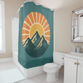 Retro Blue Mountain Sunrise | Outdoor Nature Teal Duschvorhang (Beispiel)