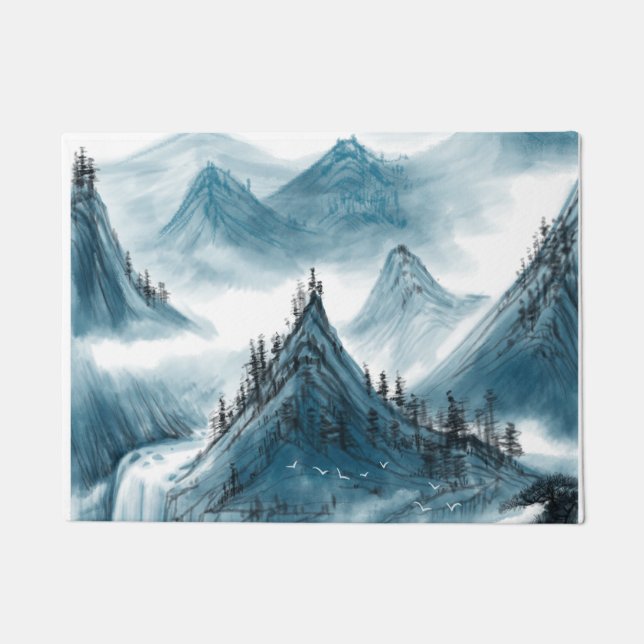 Retro Blue Mountains Landschaftsbild Malerei Fußmatte (Vorderseite)