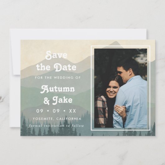 Retro Blue Mountains Photo Wedding Save The Date (Vorderseite)