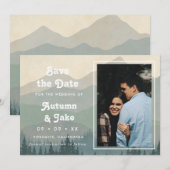 Retro Blue Mountains Photo Wedding Save The Date (Vorne/Hinten)