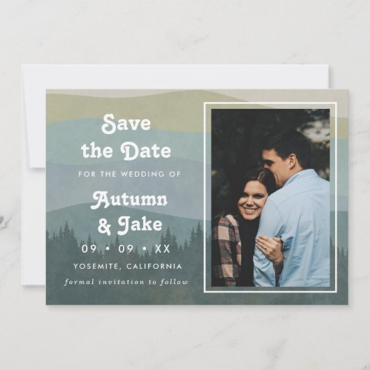 Retro Blue Mountains & Wald Foto Hochzeit Save The Date (Vorderseite)