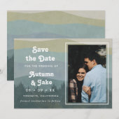 Retro Blue Mountains & Wald Foto Hochzeit Save The Date (Vorne/Hinten)