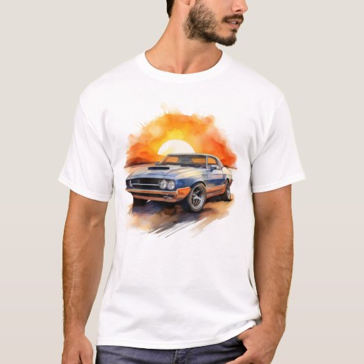 Retro Blue Muscle Car - Klassischer Sonnenuntergan T-Shirt (Vorderseite)