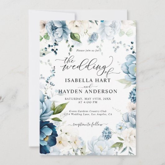 Retro Blue Navy Cream All in 1 QR Code Hochzeit Einladung (Vorderseite)