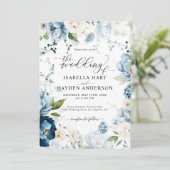 Retro Blue Navy Cream All in 1 QR Code Hochzeit Einladung (Stehend Vorderseite)