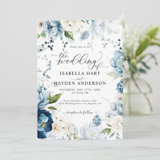 Retro Blue Navy Cream All in 1 QR Code Hochzeit Einladung (Stehend Vorderseite)