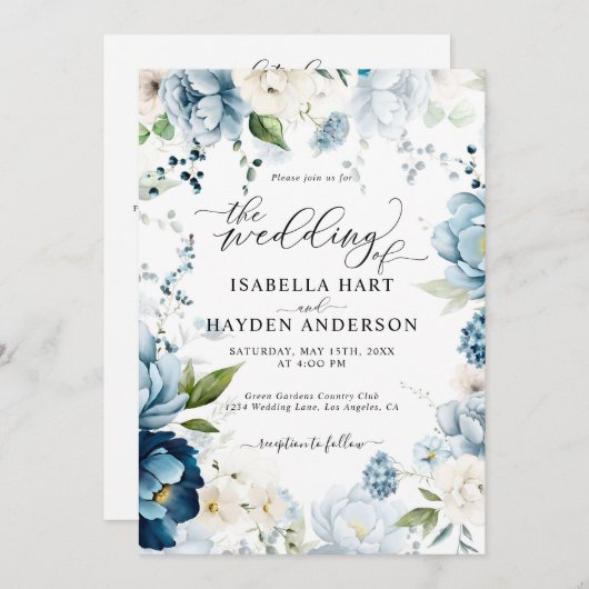 Retro Blue Navy Cream All in 1 QR Code Hochzeit Einladung (Vorne/Hinten)