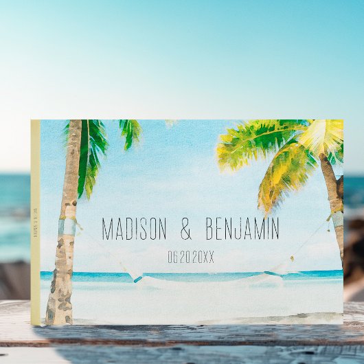 Retro Blue Ocean Beach Palm Trees Tropical Wedding Gästebuch
