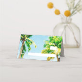 Retro Blue Ocean Beach Palm Trees Tropical Wedding Platzkarte (Rückseite)
