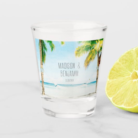 Retro Blue Ocean Beach Palm Trees Tropical Wedding Schnapsglas (Vorderseite)