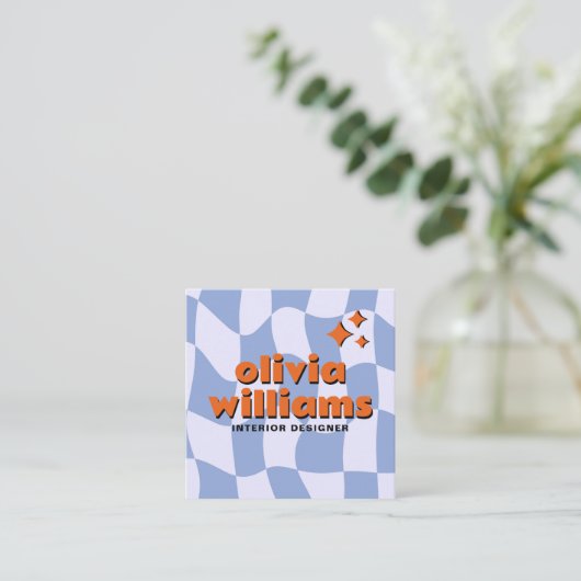 Retro Blue Orange Bold Groovy Checkered Trendy Fun Quadratische Visitenkarte (Stehend Vorderseite)