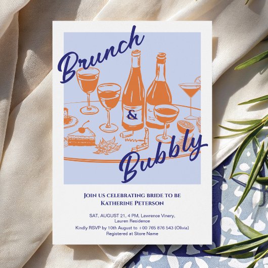 Retro blue orange “Brunch & Bubbly” Bridal Shower Einladung