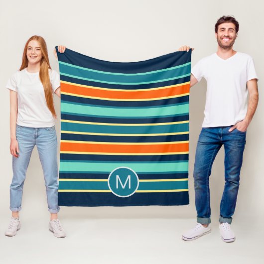 Retro Blue Orange Custom Color Striping Monogram Fleecedecke (Beispiel)