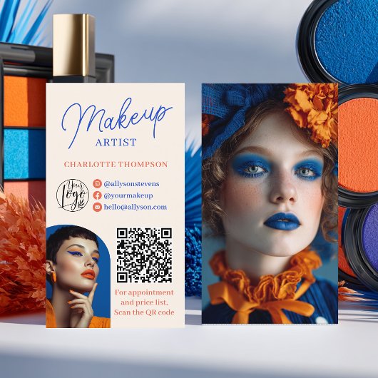 Retro Blue Orange Makeup Artist 2 Photos Qr Code Visitenkarte
