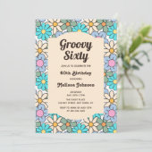 Retro Blue Peach Floral Groovy 60. Geburtstag Einladung (Stehend Vorderseite)