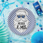 Retro Blue Pink Checkered Santa Claus Christmas Pappteller (Party)