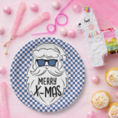 Retro Blue Pink Checkered Santa Claus Christmas Pappteller (Party)
