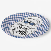 Retro Blue Pink Checkered Santa Claus Christmas Pappteller (Schrägansicht)