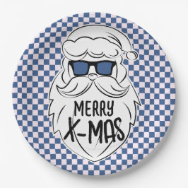 Retro Blue Pink Checkered Santa Claus Christmas Pappteller