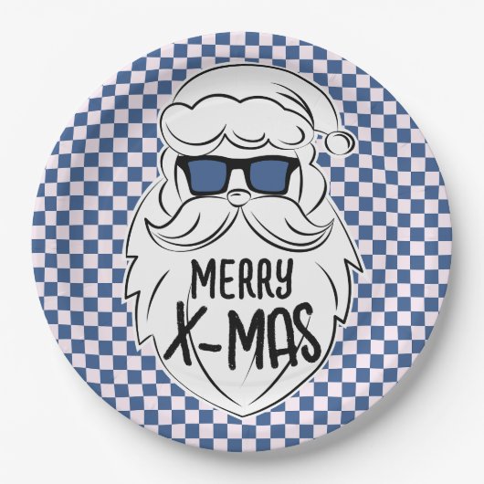 Retro Blue Pink Checkered Santa Claus Christmas Pappteller (Vorderseite)