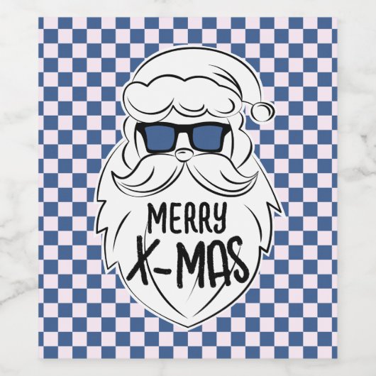 Retro Blue Pink Checkered Santa Claus Christmas Weinetikett (Einzelnes Label)