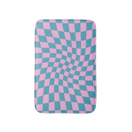 Retro Blue Pink Warped Checkerboard Checked Badematte (Vorderseite Vertikal)