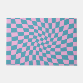 Retro Blue Pink Warped Checkerboard Checked Fußmatte