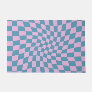 Retro Blue Pink Warped Checkerboard Checked Fußmatte