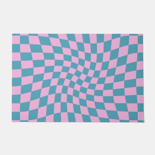 Retro Blue Pink Warped Checkerboard Checked Fußmatte (Vorderseite)