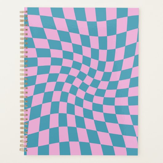 Retro Blue Pink Warped Checkerboard Checked Planer (Vorderseite)